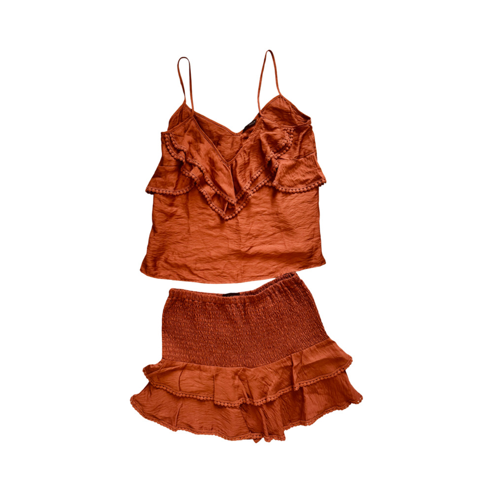 Zara Women's Rust Colored Ruffle Tank and Mini Skirt Set